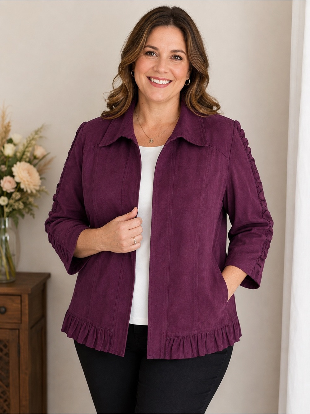 Christopher & Banks XL Plum Faux Suede Jacket Ruffle Ruched 3/4 Sleeved Lined